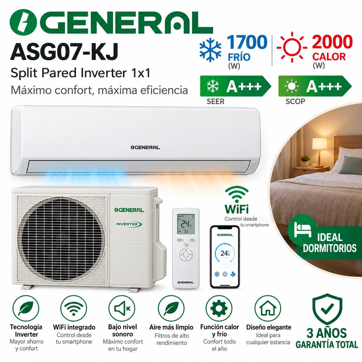 Aire acondicionado 1x1 General ASG07-KJ split pared Inverter blanco