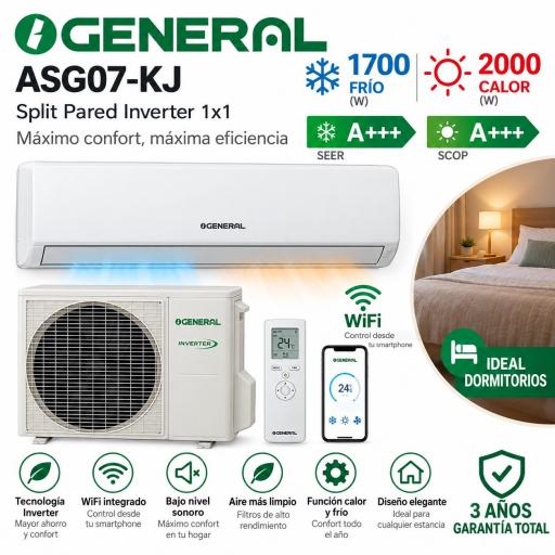 Aire acondicionado 1x1 General ASG07-KJ split pared Inverter blanco 