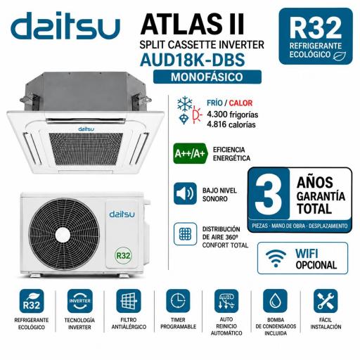 Aire acondicionado 1x1 Daitsu Atlas II split cassette Inverter AUD18K-DBS