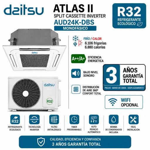 Aire acondicionado 1x1 Daitsu Atlas II split cassette Inverter AUD24K-DBS