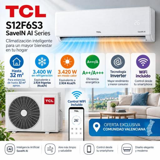 Aire split TCL S12F6S3 WIFI + INSTALACION HASTA 3 METROS [0]