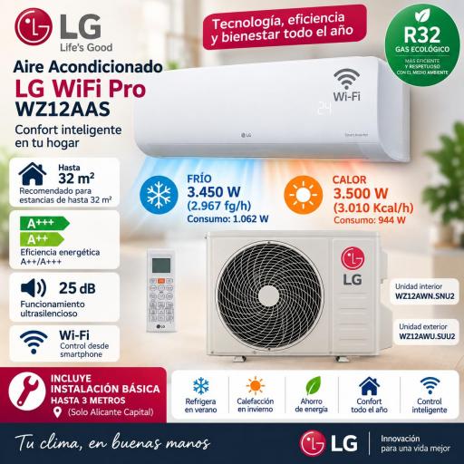 Split LG PRO wifi WZ12 modelo 2026+ instalación básica hasta 3 metros(solo Alicante)