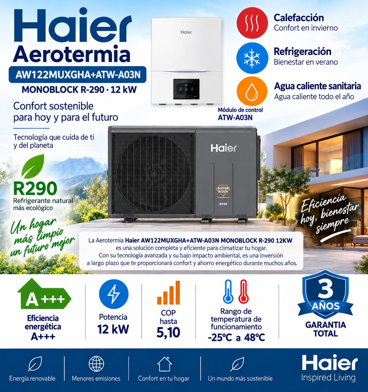 Aerotermia HAIER AW122MXGHA UE GT (R-290)+ATW-A03N