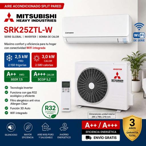 Aire Acondicionado Split Mitshubisi Heavy SRK25ZTL-W