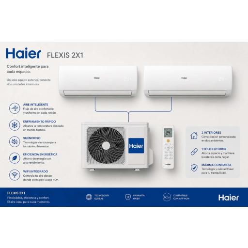 MultiSplit 2x1 Haier Flexis 2U40MS3FRA+ AS25S2F1FA + AS35S2F1FA Blanca UV WiFi