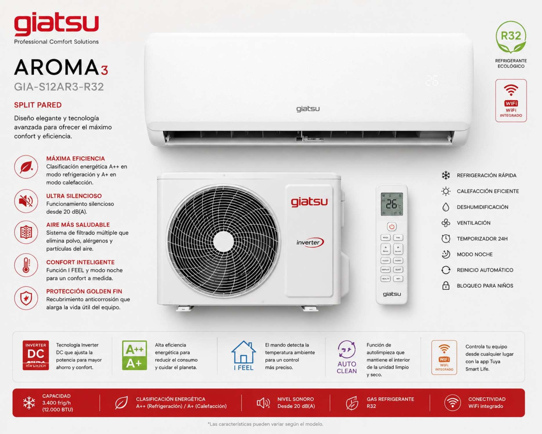 SPLIT GIATSU AROMA3 GIA-S12AR3-R32 IA WIFI