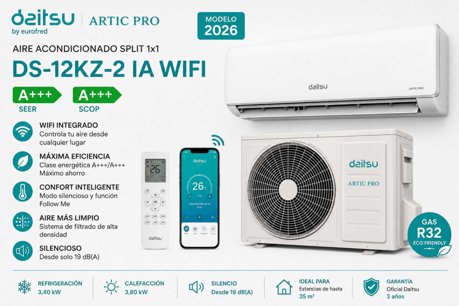 Aire Acondicionado Artic Pro Split 1x1 DAITSU DS-12KZ-2 IA WIFI A+++/A+++(MODELO 2026)