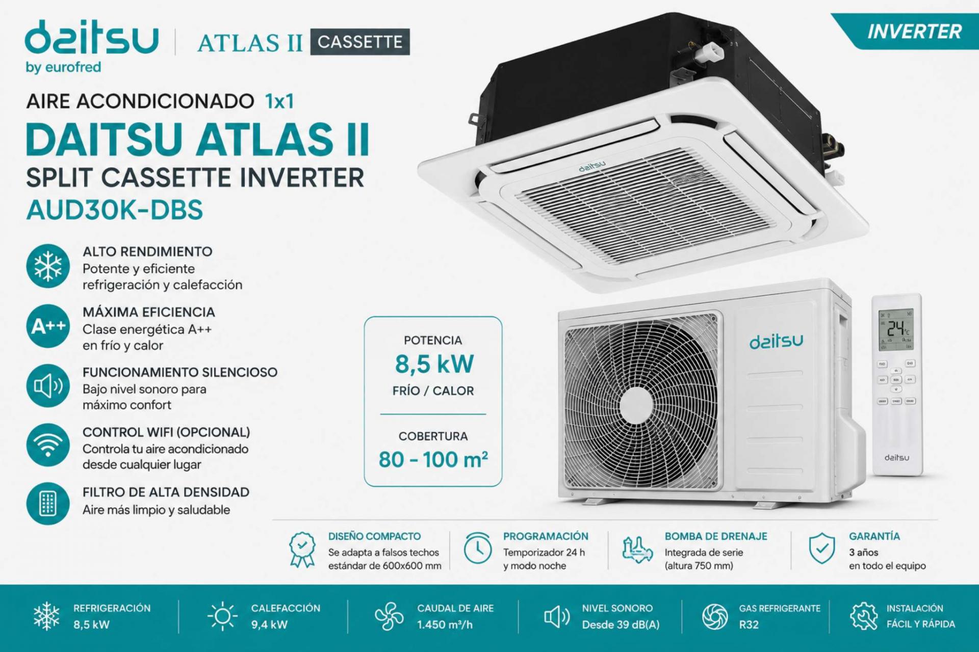 Aire acondicionado 1x1 Daitsu Atlas II split cassette Inverter AUD30K-DBS