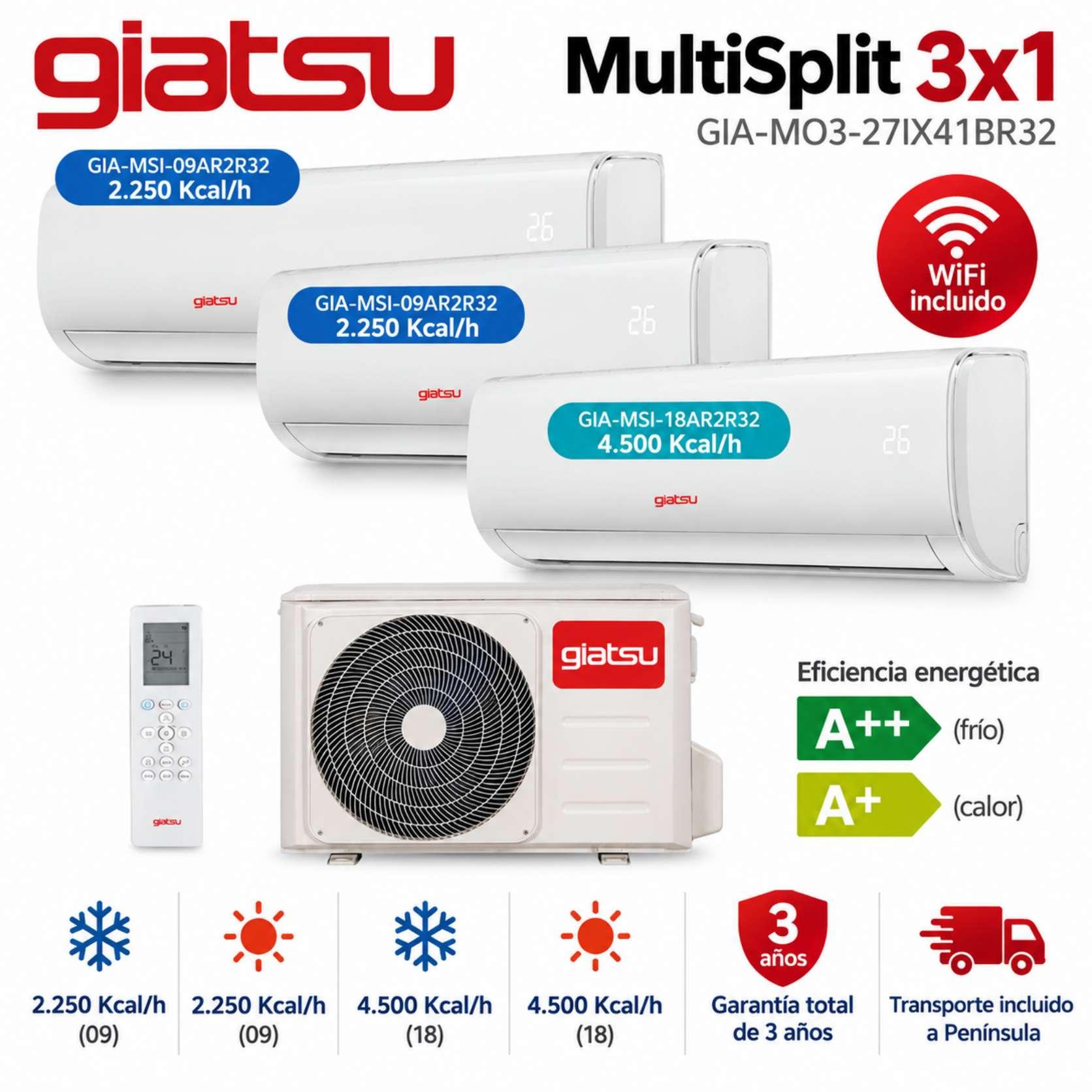 Aire Acondicionado Multisplit 3X1 Giatsu GIA-MO3-27IX41BR32 + 2x GIA-MSI-09AR2R32 + GIA-MSI-18AR2R32 WiFi