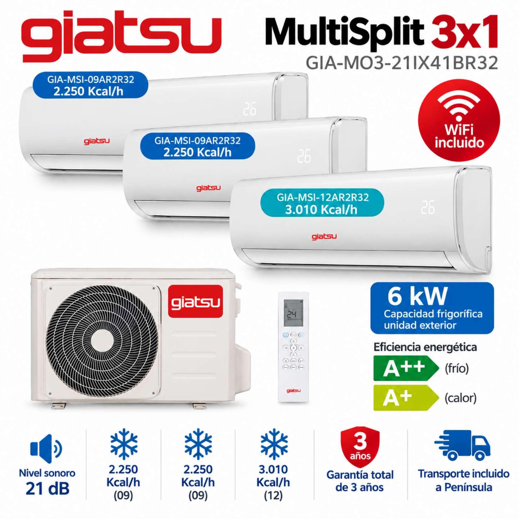 Multisplit Giatsu 3x1 GIA-MO3-21IX41BR32+09AR2R32+09AR2R32+12AR2R32 WiFi incluido