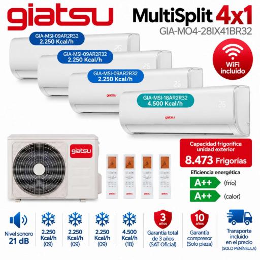 Aire acondicionado 4x1 GIATSU GIA-MO4-28IX41BR32+ GIA-9R32+ GIA-09R32+ GIA-09R32 + GIA-18R32 Wifi INCLUIDO