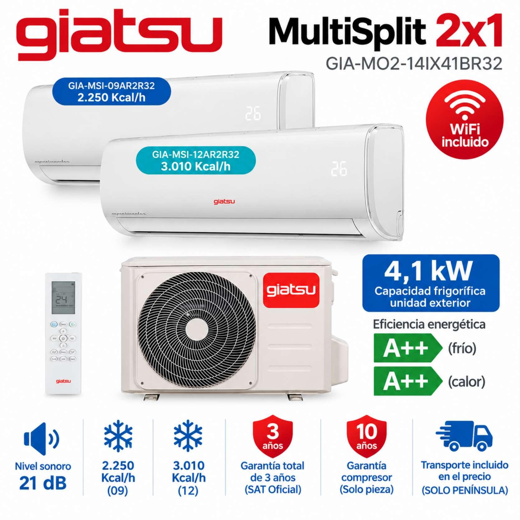 Multisplit 2x1 Giatsu 9AR + 12AR + GIA-MO2-14IX41BR32 WiFi Incluido