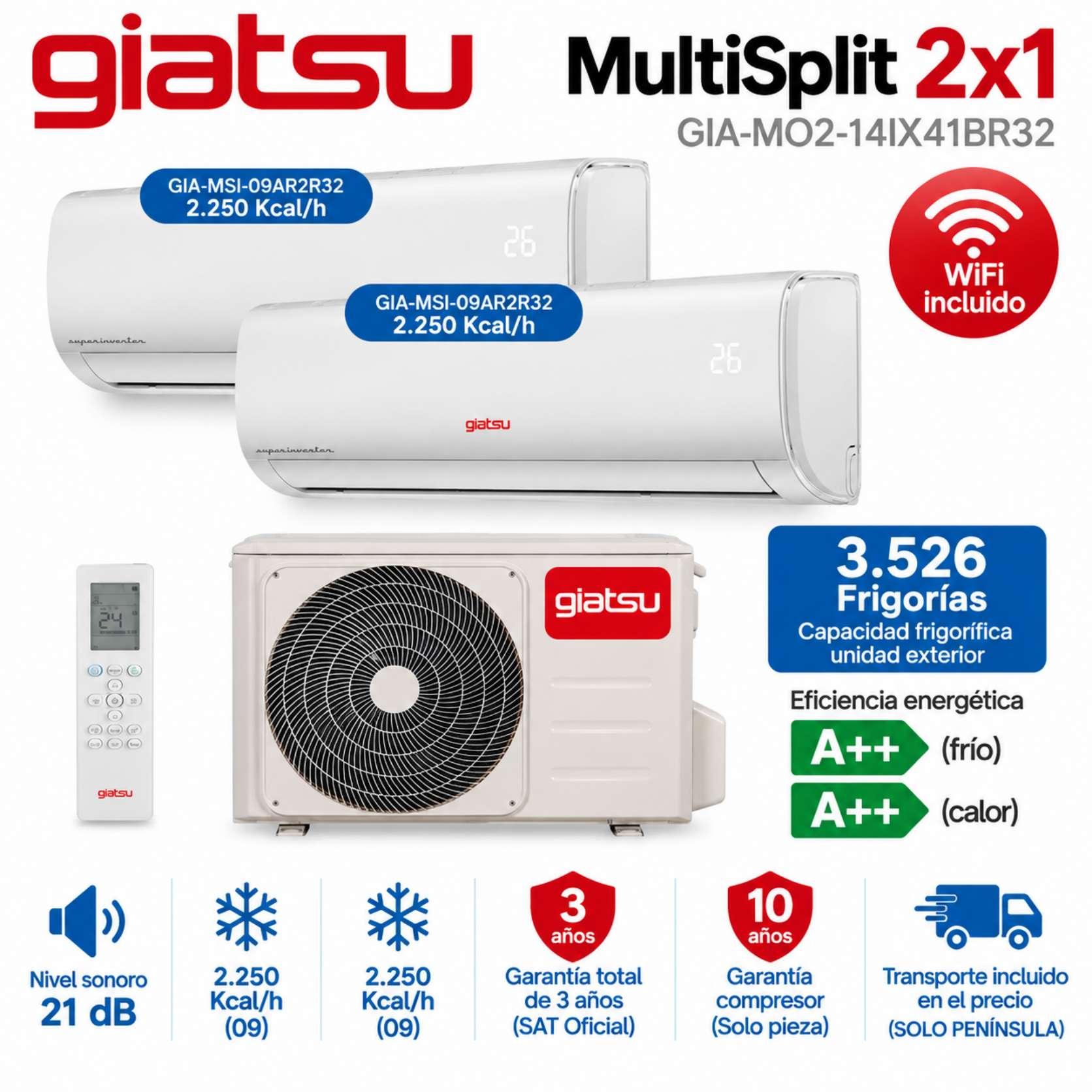 Multisplit Giatsu 2x1 GIA-MO2-14IX41BR32+09AR2R32+09AR2R32 WiFi Incluido