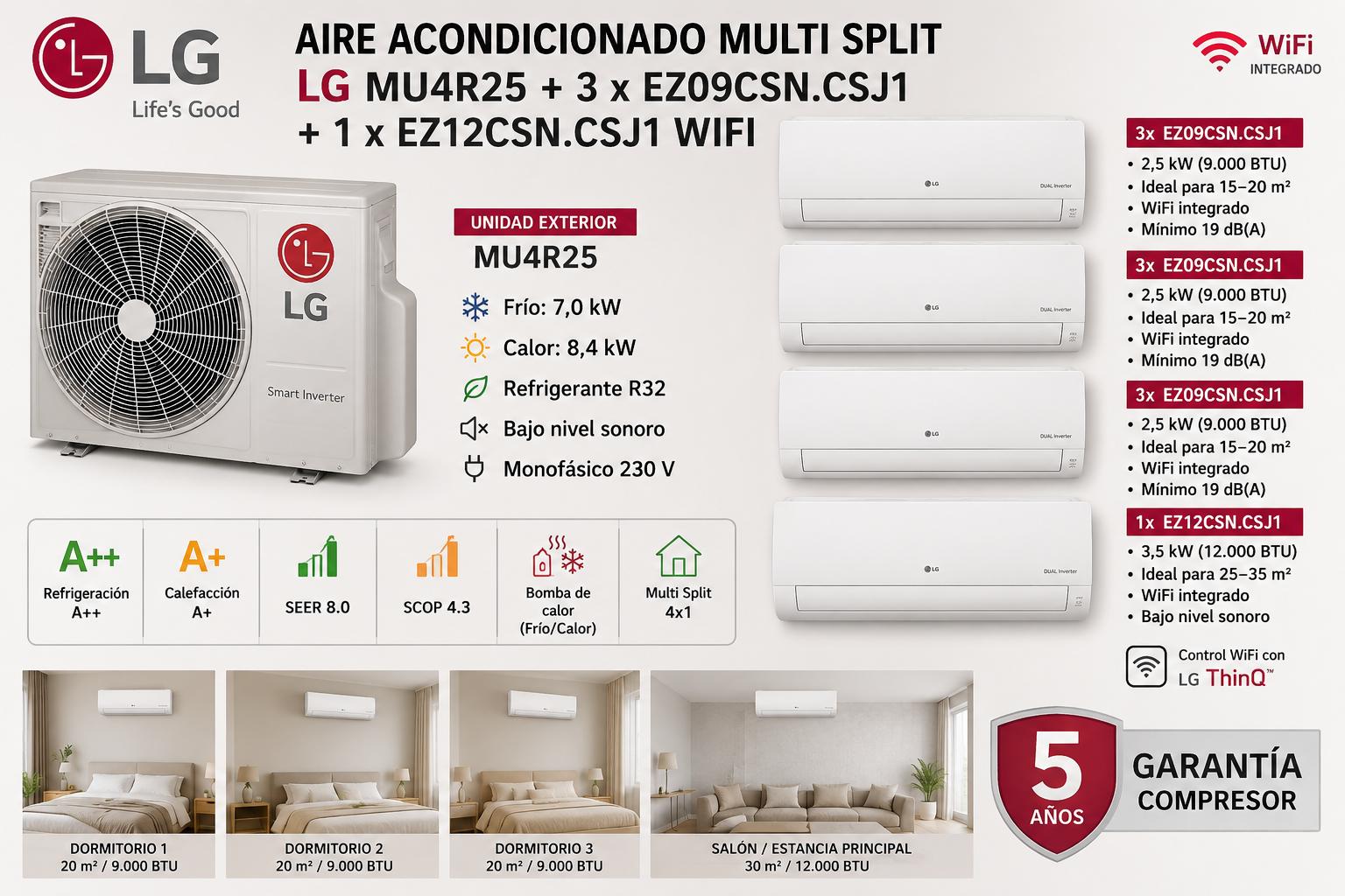 Aire Acondicionado Multi Split LG MU4R25 + 3 x EZ09CSN.CSJ1 + 1 x EZ12CSN.CSJ1 WIFI