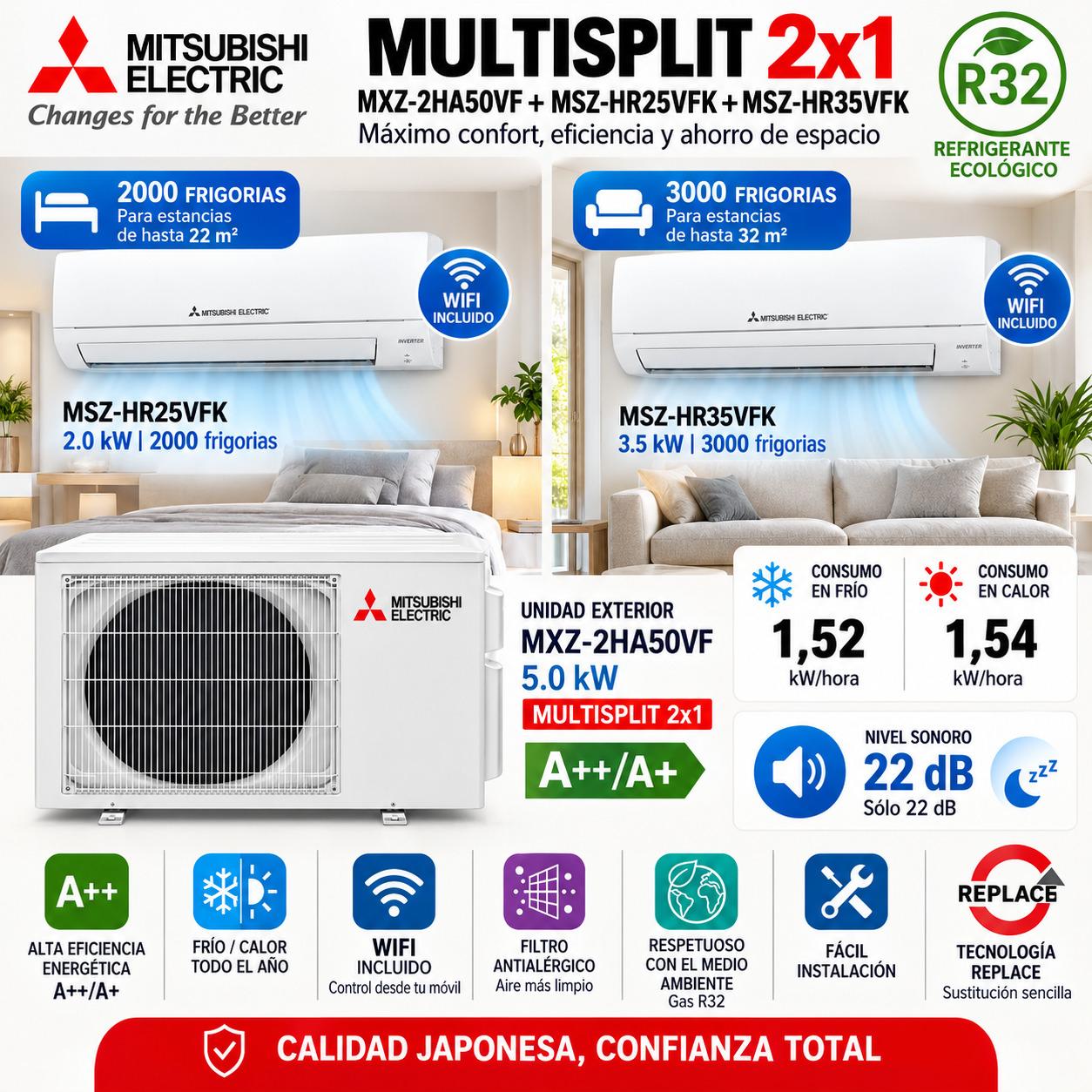 Mitsubishi Electric MXZ-2HA50VF + MSZ-HR25VFK + MSZ-HR35VFK Aire Acondicionado 2x1