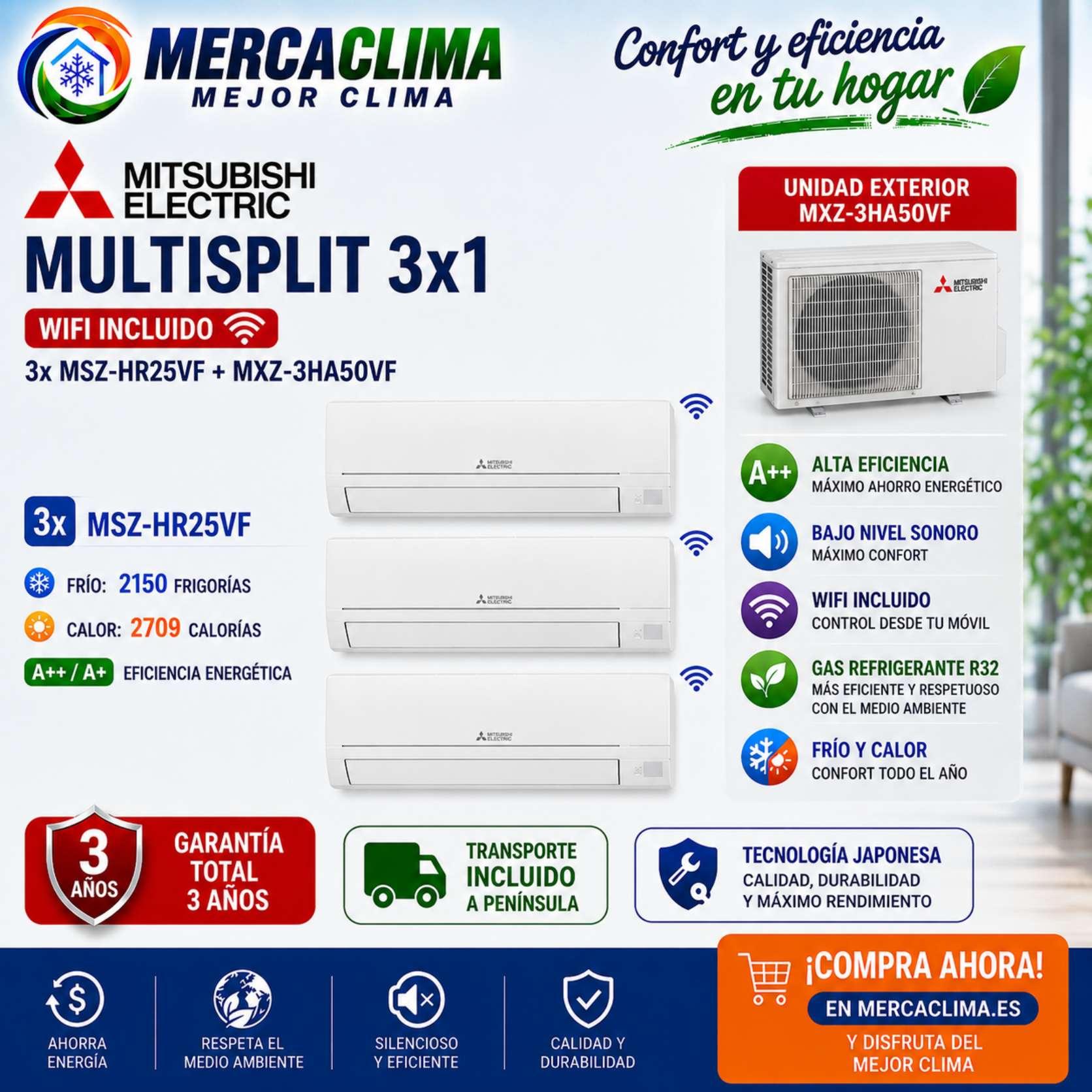 MultiSplit 3x1 Mitsubishi Electric 3x MSZ-HR25VF + MXZ-3HA50VF