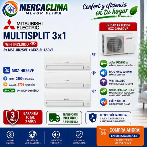 MultiSplit 3x1 Mitsubishi Electric 3x MSZ-HR25VF + MXZ-3HA50VF