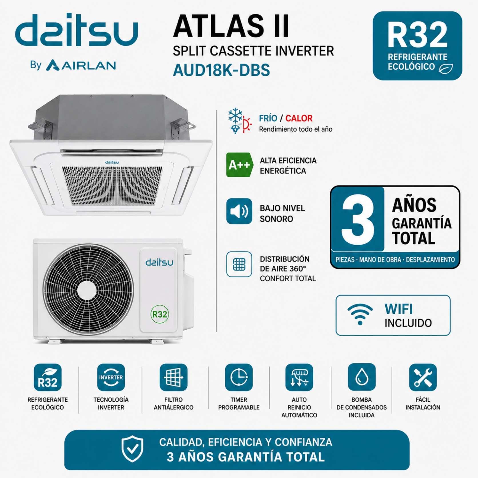 Aire acondicionado 1x1 Daitsu Atlas II split cassette Inverter AUD18K-DBS