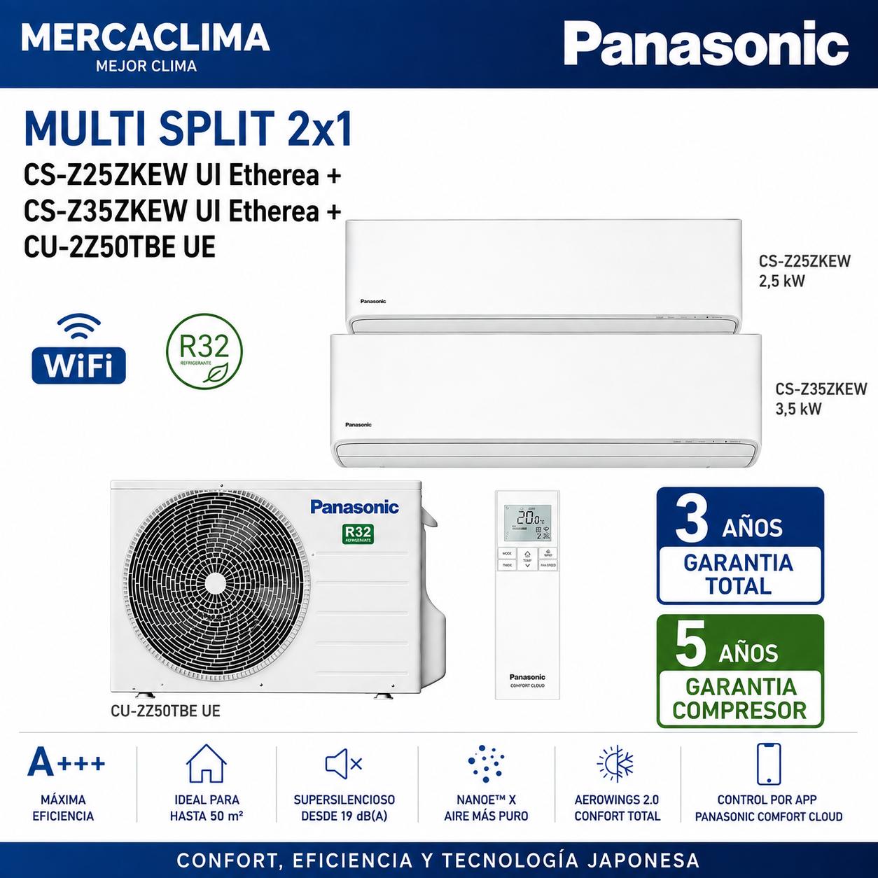 Multi Split 2x1 Panasonic CS-Z25ZKEW UI Etherea + CS-Z35ZKEW UI Etherea + CU-2Z50TBE U E