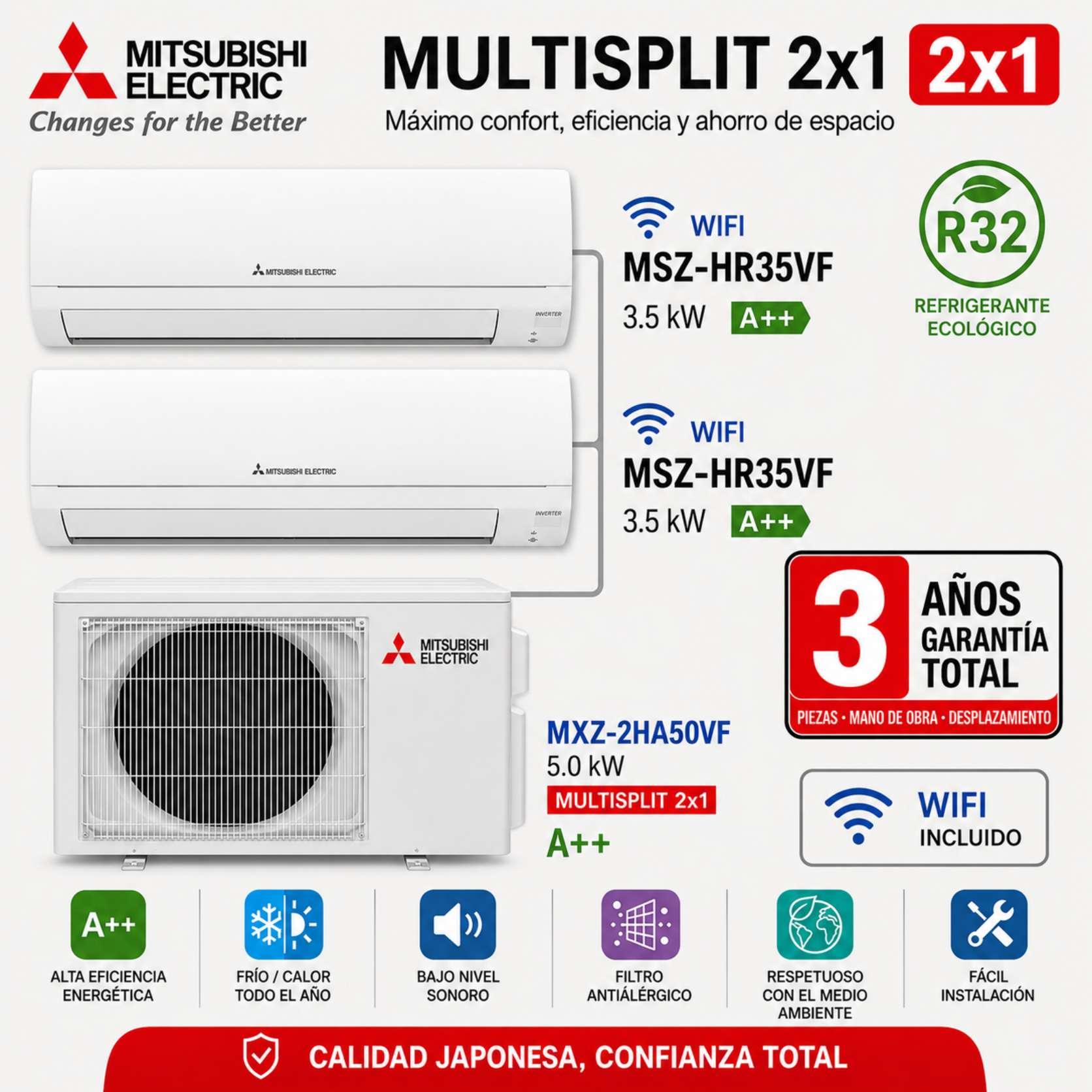 MultiSplit 2x1 Mitsubishi Electric MSZ-HR35VF + MSZ-HR35VF + MXZ-2HA50VF WIFI DE SERIE
