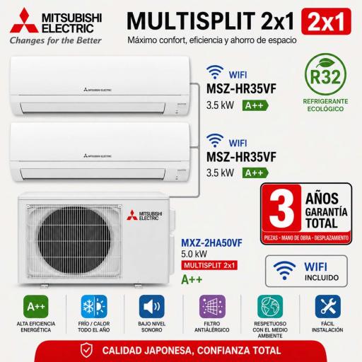 MultiSplit 2x1 Mitsubishi Electric MSZ-HR35VF + MSZ-HR35VF + MXZ-2HA50VF WIFI DE SERIE