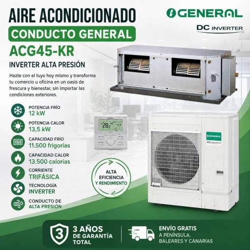 Aire acondicionado 1x1 General ACG45-KR split conducto Alta Presion