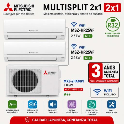 MultiSplit 2x1 Mitsubishi Electric 2x MSZ-HR25VF WIFI + MXZ-2HA40VF