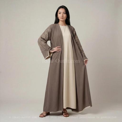 CONJUNTO 2 PIEZAS: ABAYA + KIMONO LARGO CON BORDADOS FLORARES EN MANGA DE KIMONO EN JAZZ (TAUPE Y CREMA)