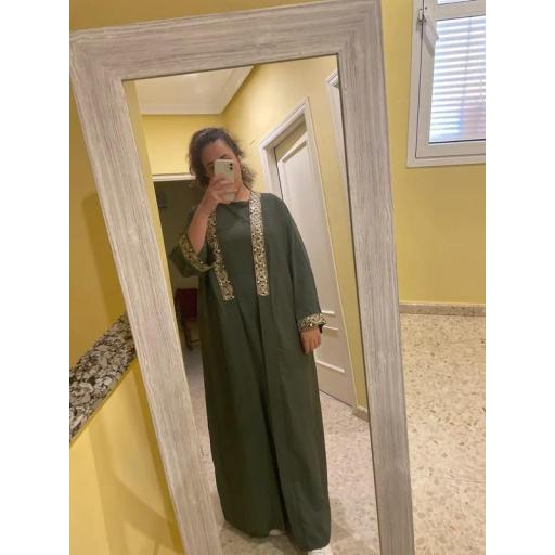 CONJUNTO KIMONO DE SEDA MEDINA VERDE OLIVA + ABAYA TIRANTES VERDE OLIVA A JUEGO UNITALLA [1]
