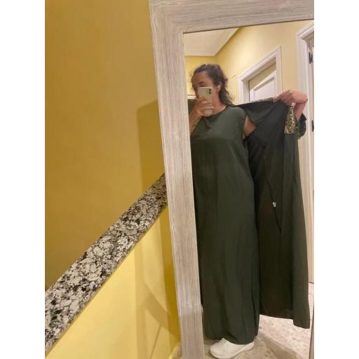 CONJUNTO KIMONO DE SEDA MEDINA VERDE OLIVA + ABAYA TIRANTES VERDE OLIVA A JUEGO UNITALLA [3]