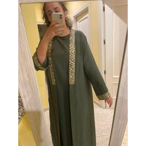 CONJUNTO KIMONO DE SEDA MEDINA VERDE OLIVA + ABAYA TIRANTES VERDE OLIVA A JUEGO UNITALLA [4]