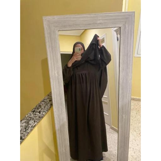 CONJUNTO 2 PIEZAS ABAYA VOLANTES EN TELA JAZZ + KHIMAR EN TELA JAZZ MARRON OSCURO [4]