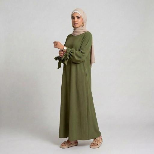 ABAYA VERDE CAQUI/ PISTACHO EN TELA SEDA MEDINA CON PUÑOS PARA HACER NUDO UNITALLA [0]