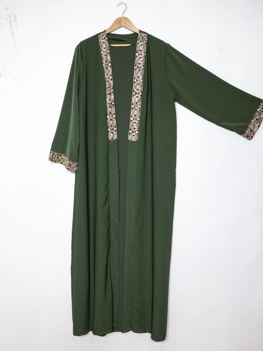 CONJUNTO KIMONO DE SEDA MEDINA VERDE OLIVA + ABAYA TIRANTES VERDE OLIVA A JUEGO UNITALLA