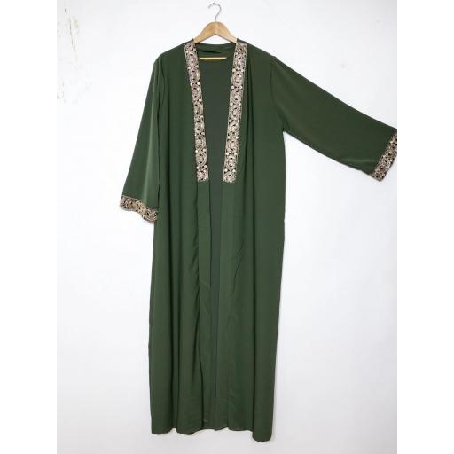 CONJUNTO KIMONO DE SEDA MEDINA VERDE OLIVA + ABAYA TIRANTES VERDE OLIVA A JUEGO UNITALLA [0]