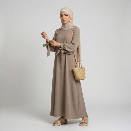 ABAYA COLOR TAUPE EN TELA SEDA MEDINA CON PUÑOS PARA HACER NUDO UNITALLA