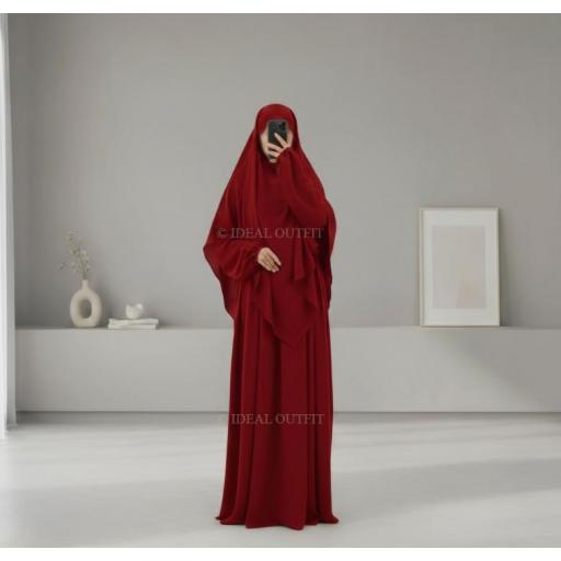 CONJUNTO 2 PIEZAS ABAYA VOLANTES EN TELA JAZZ + KHIMAR EN TELA JAZZ BURDEOS  [1]