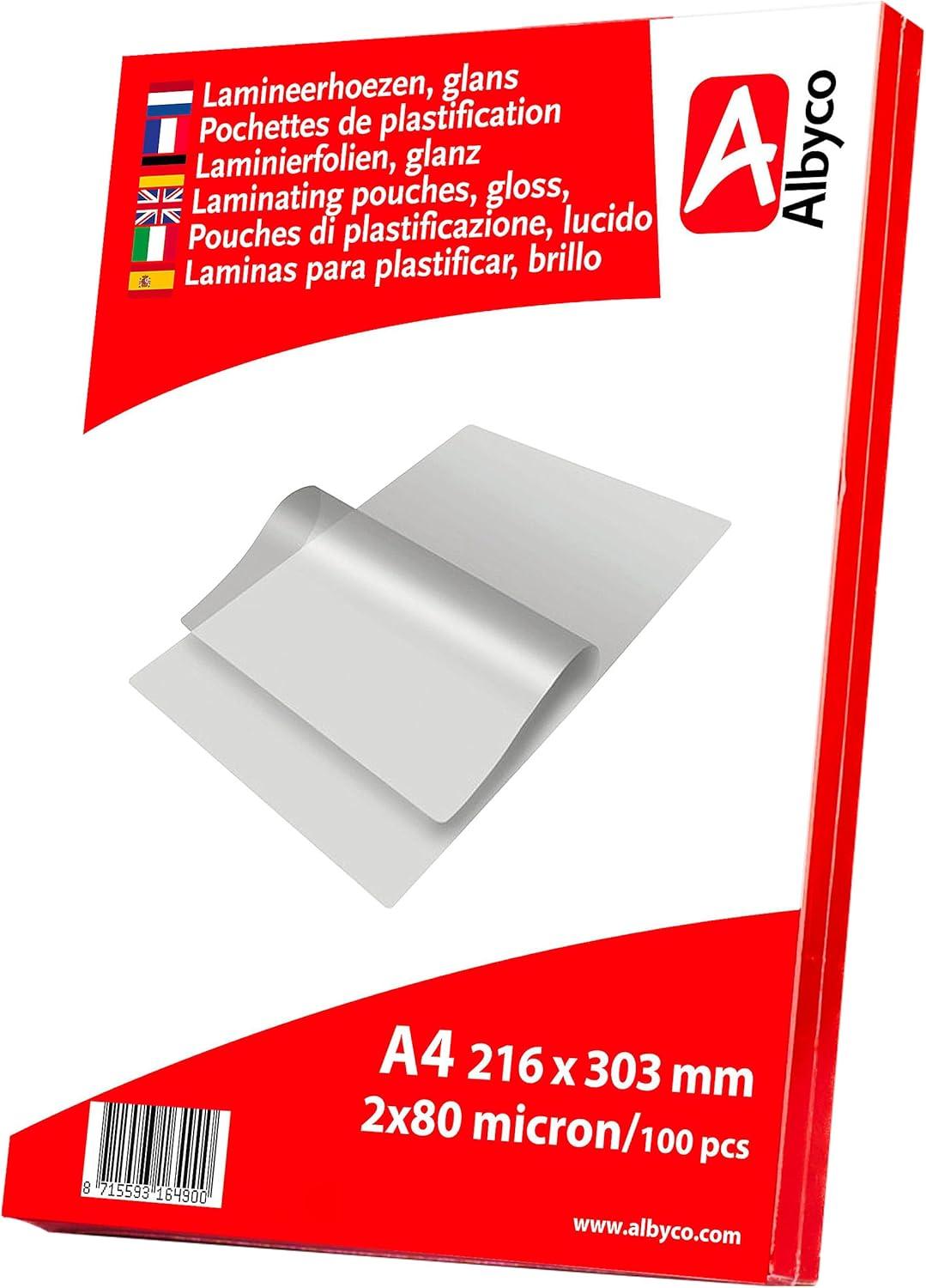 Albyco Fundas Plastificar - Laminas para plastificar- Película de Laminación- A4 (216x303 mm) - 2x80 (160) Micras- 100 Piezas- Brillante- Transparente