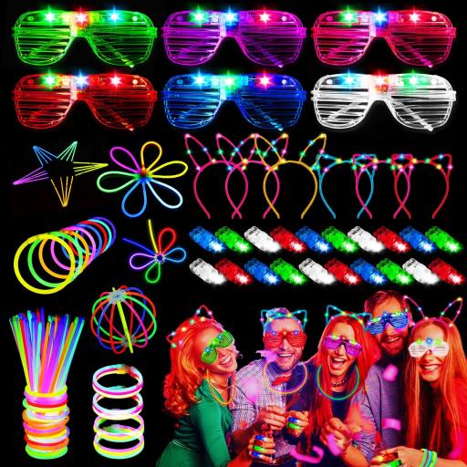 KIT LUCES LED GAFAS MULTICOLOR, DIADEMAS MULTICOLOR, PULSERAS Y COLLARES LED (100 UNIDADES)