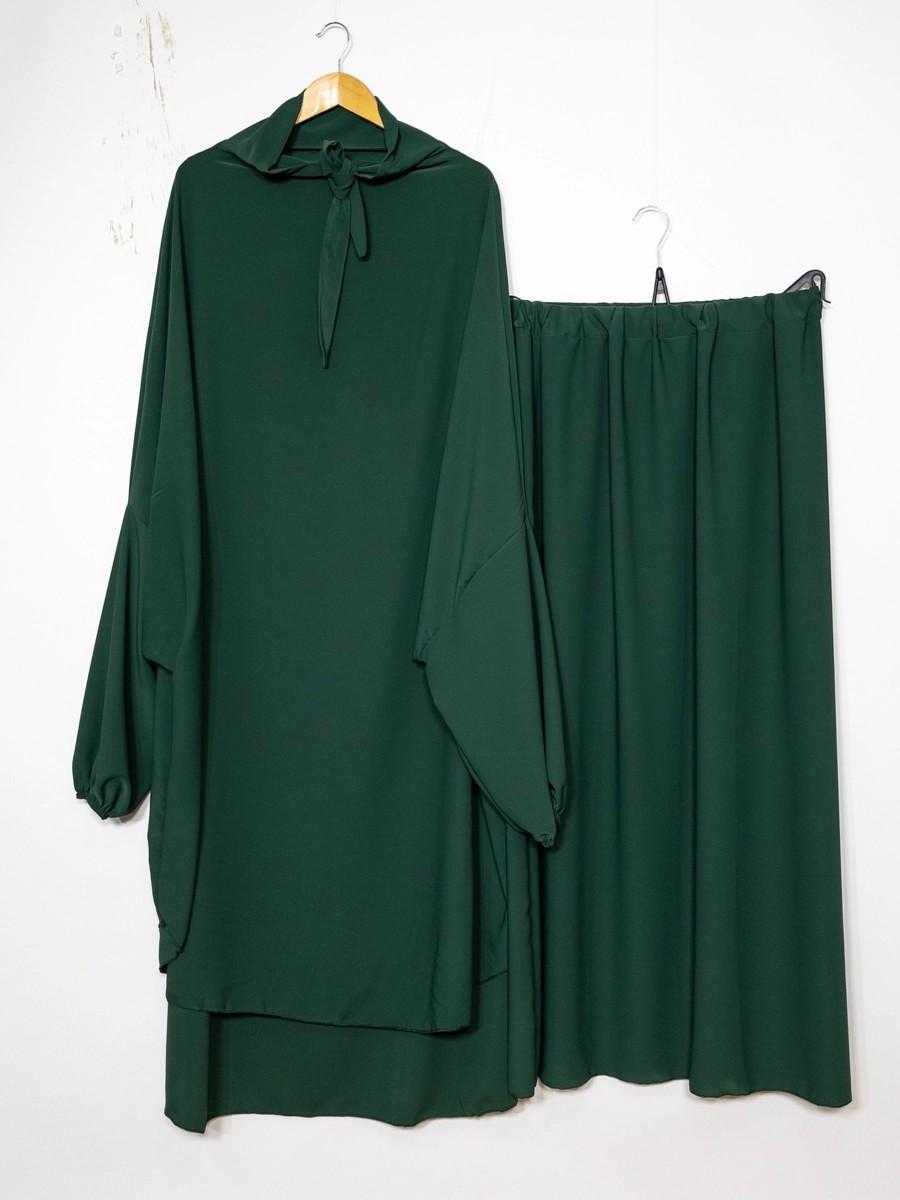 CONJUNTO DE JILBAB CON FALDA DE SEDA DE MEDINA VERDE OSCURO