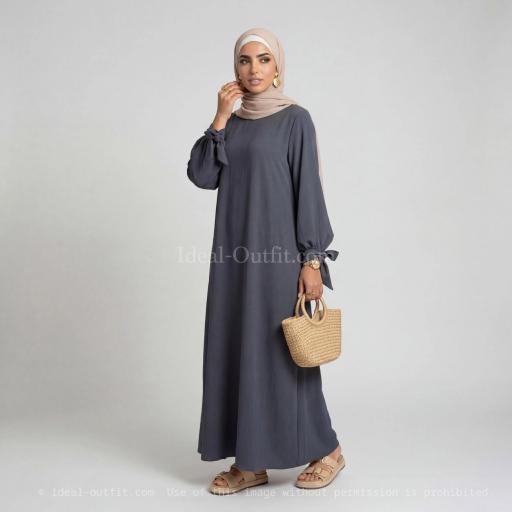 ABAYA GRIS OSCURO SEDA MEDINA CON PUÑOS PARA HACER NUDO UNITALLA