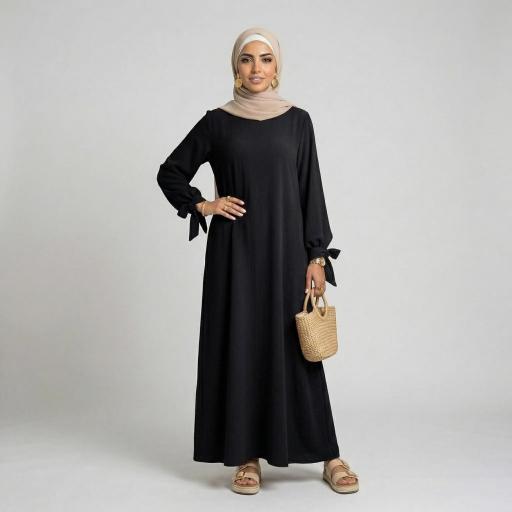 ABAYA NEGRA SEDA MEDINA CON PUÑOS PARA HACER NUDO UNITALLA