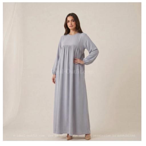 ABAYA LARGA Y ANCHA DE TELA JAZZ CON VOLANTE GRIS CLARO UNITALLA