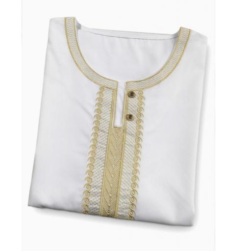 KANDORA BLANCA POLIESTER BORDADA CON HILO DORADO MANGA CORTA (VARIAS TALLAS) [5]