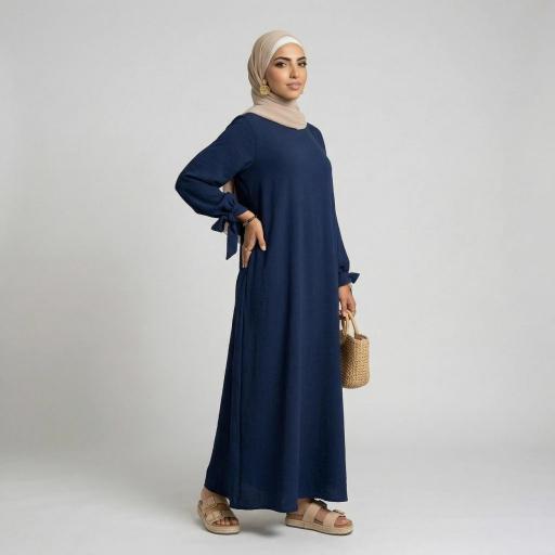 ABAYA AZUL MARINO EN TELA SEDA MEDINA CON PUÑOS PARA HACER NUDO UNITALLA