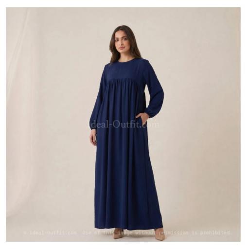 ABAYA LARGA Y ANCHA DE TELA JAZZ CON VOLANTE AZUL MARINO UNITALLA