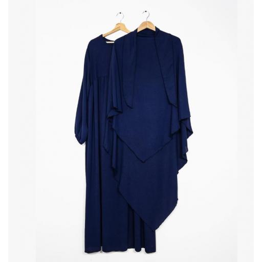 CONJUNTO 2 PIEZAS ABAYA VOLANTES EN TELA JAZZ + KHIMAR EN TELA JAZZ AZUL MARINO [1]