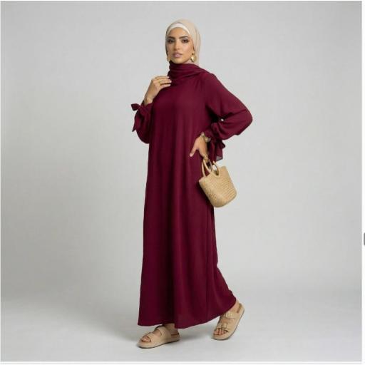 ABAYA BURDEOS SEDA MEDINA CON PUÑOS PARA HACER NUDO UNITALLA