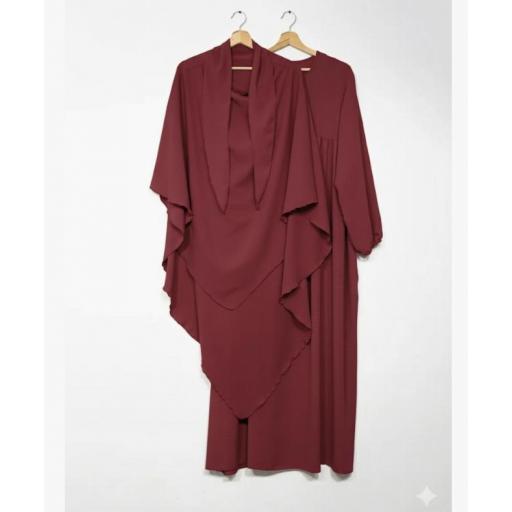 CONJUNTO 2 PIEZAS ABAYA VOLANTES EN TELA JAZZ + KHIMAR EN TELA JAZZ BURDEOS  [4]