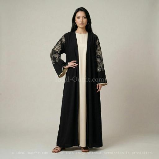 CONJUNTO 2 PIEZAS: ABAYA + KIMONO LARGO CON BORDADOS FLORARES EN MANGA DE KIMONO EN JAZZ (NEGRO Y CREMA)